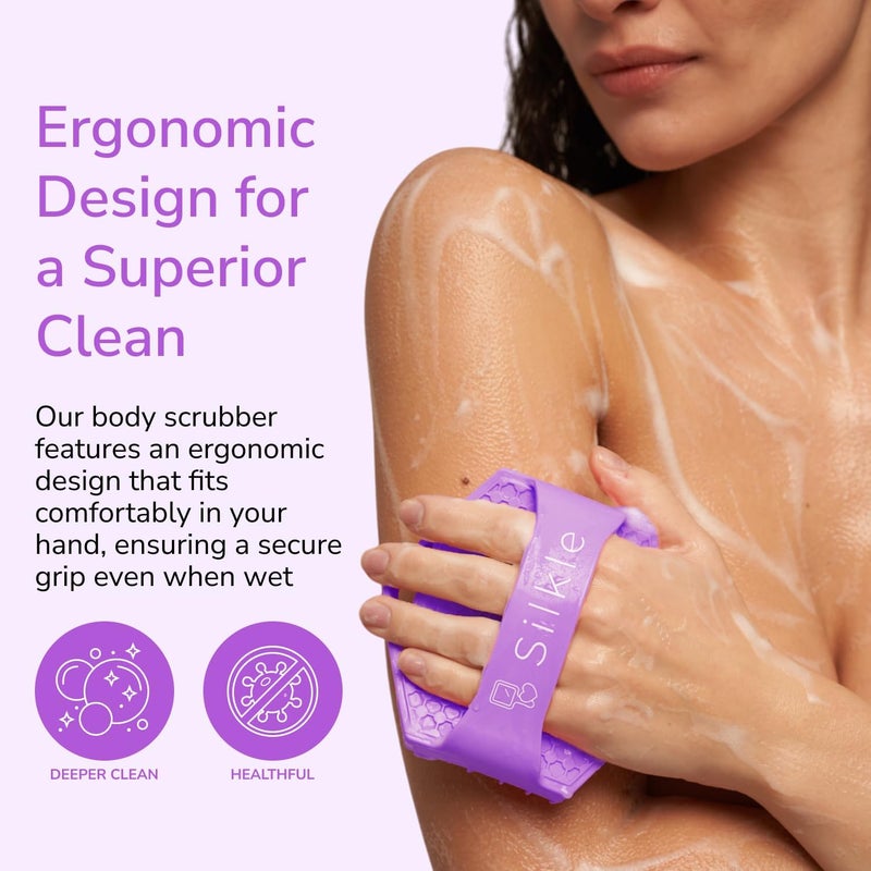 SILKLE Silicone Body Scrubber – Gentle Exfoliating Shower Scrubber for Body & Bath, Silicone Shower Brush & Loofah Alternative – Non-Slip Silicone Body Brush, Quick Dry, Hygienic - Purple - Image 2